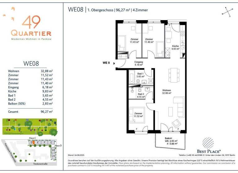 Wohnung zum Kauf - Erstbezug 670.000 € 4 Zimmer 96,3 m² 1. Geschoss Prenzlauer Promenade 49D Heinersdorf Berlin 13089