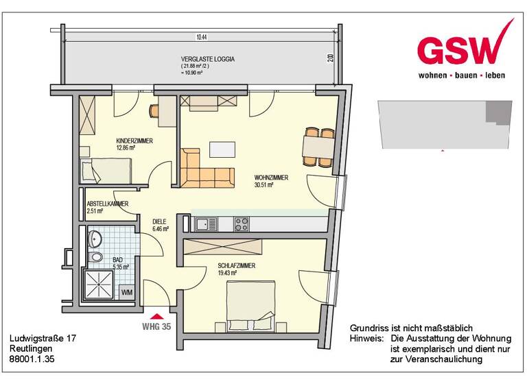 Wohnung zur Miete - Erstbezug 1.232 € 3 Zimmer 88 m² 4. Geschoss frei ab 01.05.2026 Ludwigstraße 17 Oststadt Reutlingen 72766