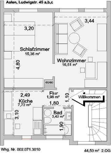 Wohnung zur Miete 690 € 2 Zimmer 44,5 m²<br/>Wohnfläche 2.<br/>Geschoss 01.01.2025<br/>Verfügbarkeit Ludwigstr. 45c Hüttfeld Aalen 73430