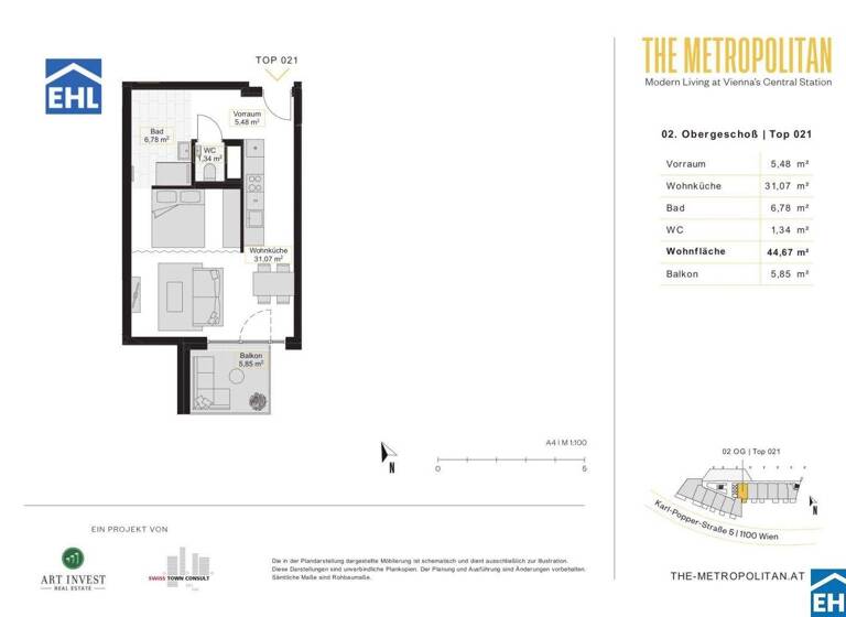 Studio zur Miete 652 € 1 Zimmer 44,7 m² 2. Geschoss frei ab sofort Wien 1100