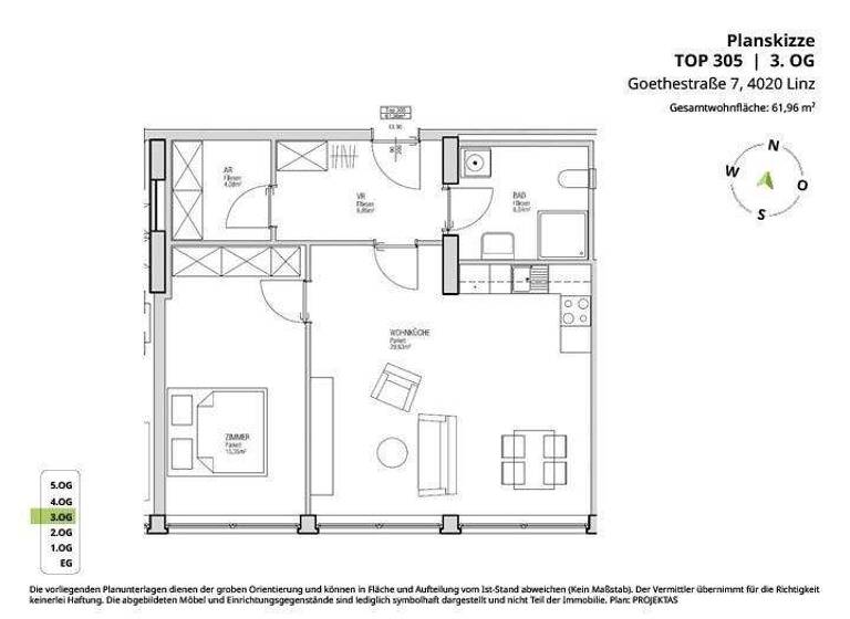 Wohnung zur Miete 561 € 2 Zimmer 62 m² 3. Geschoss frei ab 01.04.2026 Goethestraße 7 Linz 4020