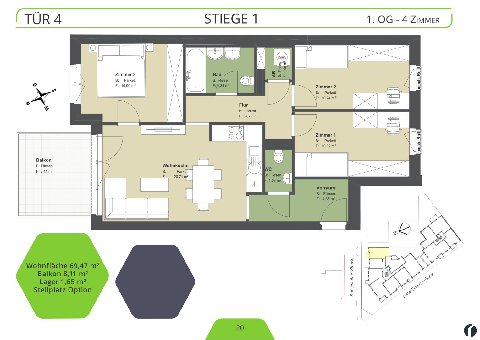 Wohnung zum Kauf 349.800 € 4 Zimmer 69,5 m²<br/>Wohnfläche 1.<br/>Geschoss Königstetter Straße 66 - 68 Tulln an der Donau 3430