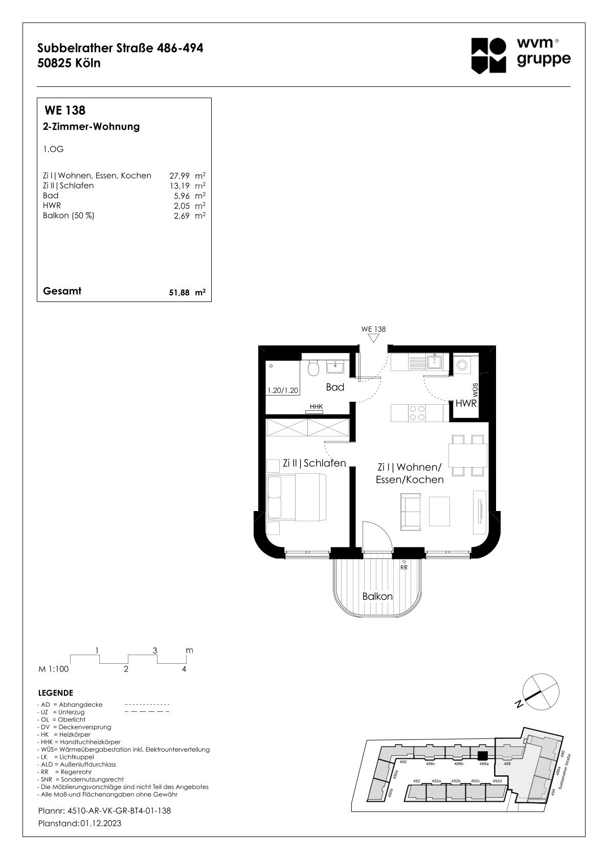 Wohnung zum Kauf provisionsfrei 336.205 € 2 Zimmer 51,9 m²<br/>Wohnfläche 1.<br/>Geschoss Subbelrather Str. 488a Ehrenfeld Köln 50825