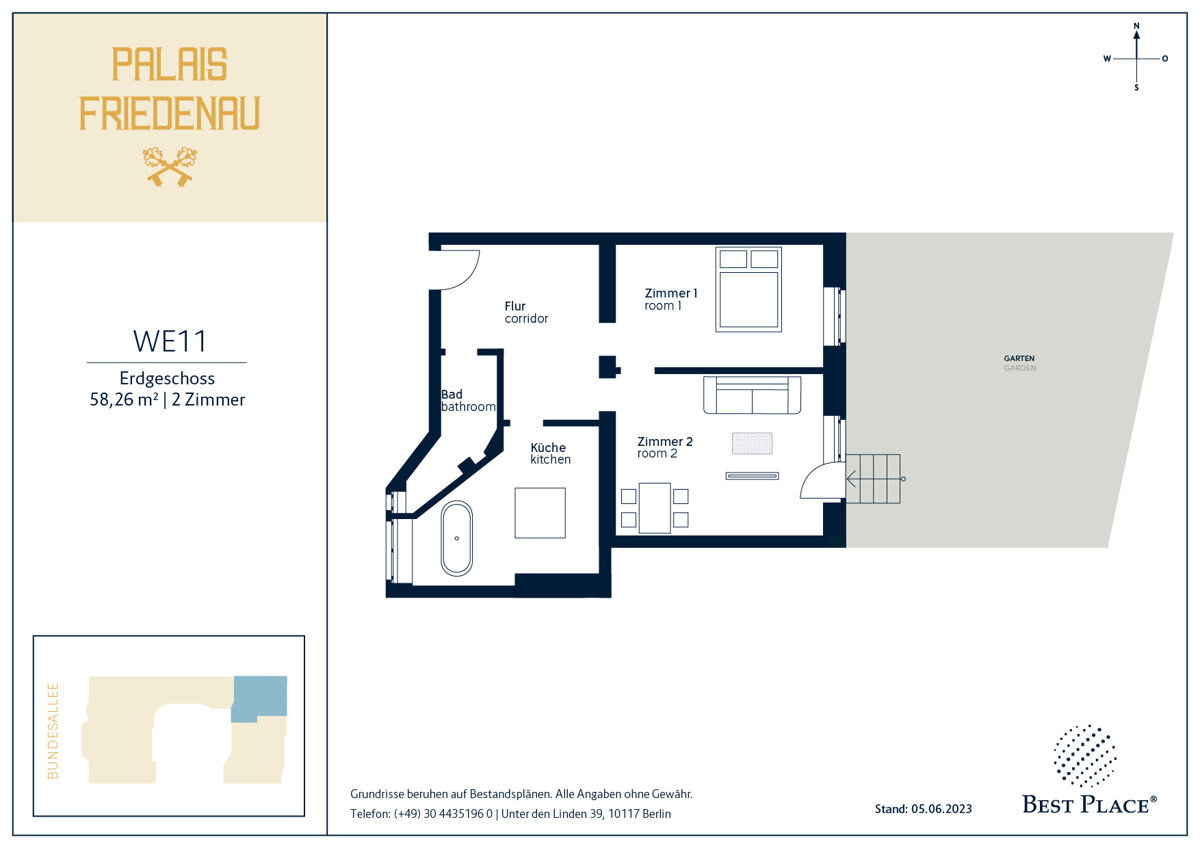 Wohnung zum Kauf provisionsfrei 265.000 € 2 Zimmer 58,3 m²<br/>Wohnfläche EG<br/>Geschoss Bundesallee 111 Friedenau Berlin 12161