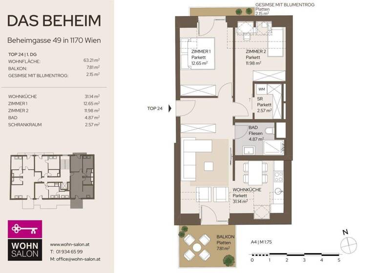 Wohnung zur Miete - Erstbezug 1.600 € 3 Zimmer 63,2 m² 4. Geschoss Beheimgasse Wien 1170