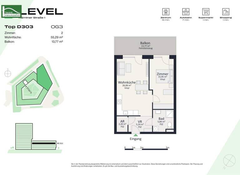 Wohnung zur Miete - Erstbezug 615 € 2 Zimmer 55,3 m² 3. Geschoss frei ab 01.05.2026 Kärntner Straße 1 Gries Graz 8020