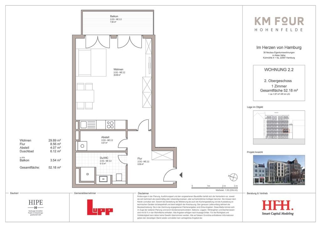 Wohnung zur Miete Wohnen auf Zeit 2.200 € 1 Zimmer 52 m²<br/>Wohnfläche ab sofort<br/>Verfügbarkeit Kuhmühle Hohenfelde Hamburg 22087