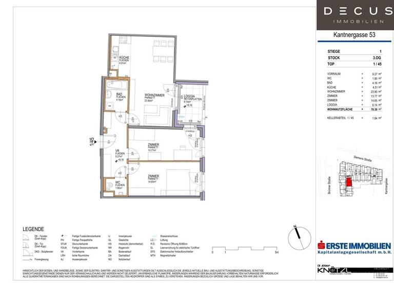 Wohnung zur Miete 1.018 € 3 Zimmer 78,3 m² 3. Geschoss Wien 1210