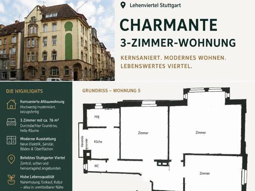 Wohnung zur Miete 1.400 € 3 Zimmer 76 m² Geschoss 1/5 frei ab 01.08.2026 Süd Stuttgart 70180