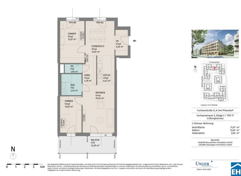 Wohnung zur Miete - Erstbezug 875 € 3 Zimmer 78 m² 3. Geschoss Fuchsenstraße Pixendorf 3451