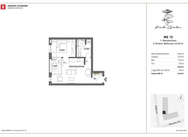 Wohnung zum Kauf - Erstbezug provisionsfrei als Kapitalanlage geeignet 449.000 € 2 Zimmer 42 m² Jägerstraße 29-31 Karlsfeld 85757