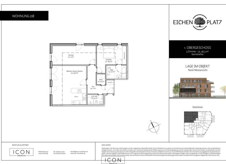 Wohnung zum Kauf - Erstbezug 649.000 € 3 Zimmer 96,3 m² 1. Geschoss Am Eichenplatz 7 Osdorf Hamburg 22549