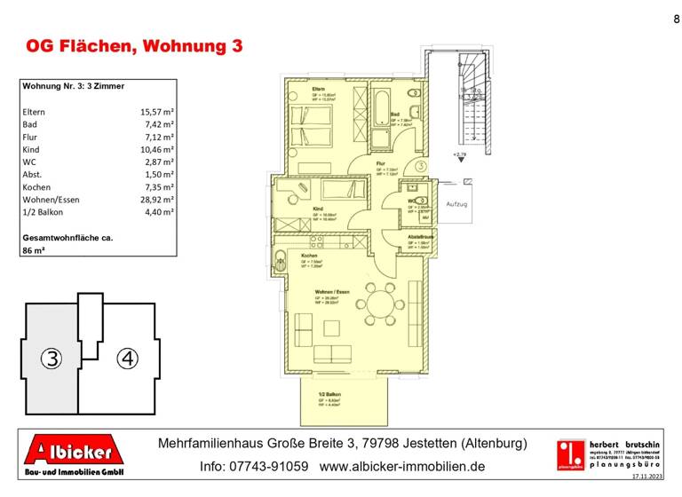 Wohnung zum Kauf provisionsfrei 352.600 € 3 Zimmer 86 m²<br/>Wohnfläche 2.<br/>Geschoss Große Breite 3 Altenburg Jestetten-Altenburg 79798