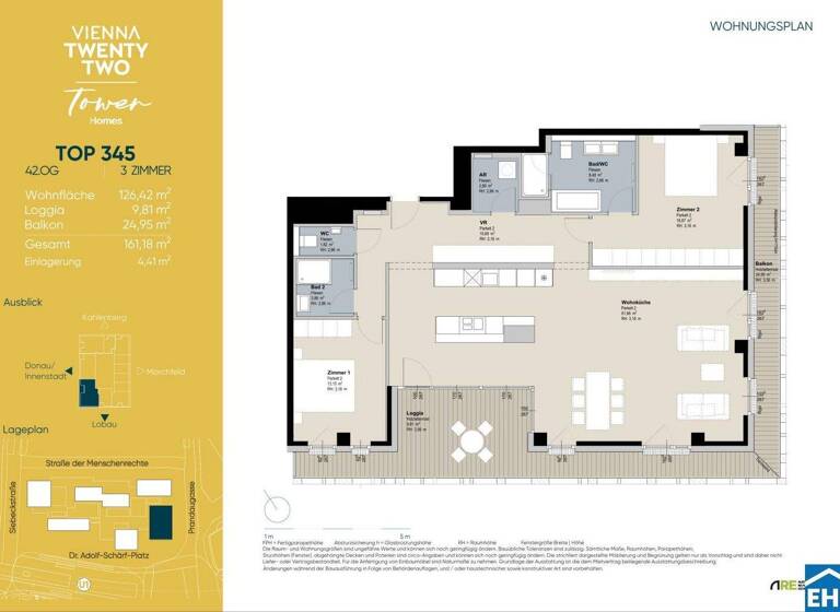Wohnung zur Miete - Erstbezug 2.926 € 3 Zimmer 126,4 m² 42. Geschoss frei ab 01.04.2026 Wien 1220
