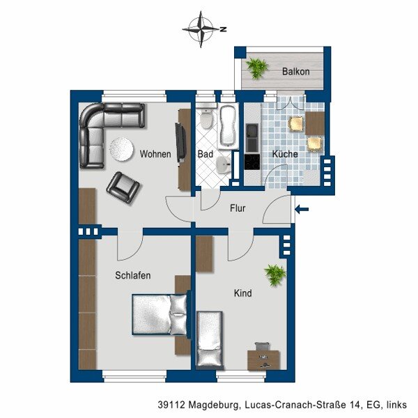 Wohnung zur Miete 415 € 3 Zimmer 66,9 m²<br/>Wohnfläche 18.12.2024<br/>Verfügbarkeit Lucas-Cranach-Str. 14 Jordanstraße Magdeburg 39112