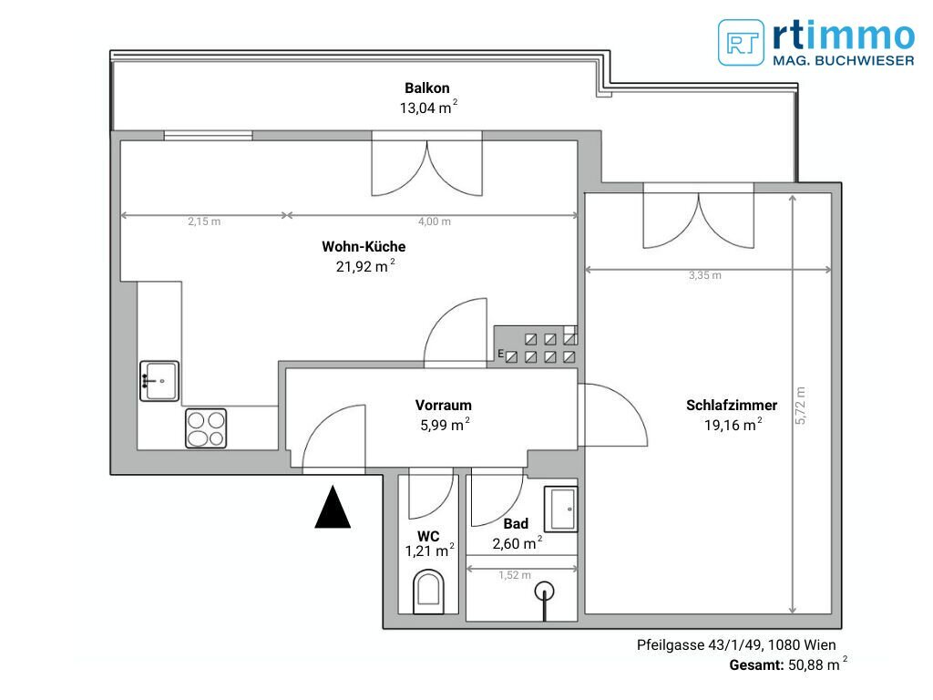 Wohnung zum Kauf 326.000 € 2 Zimmer 52,8 m²<br/>Wohnfläche Pfeilgasse Wien 1080