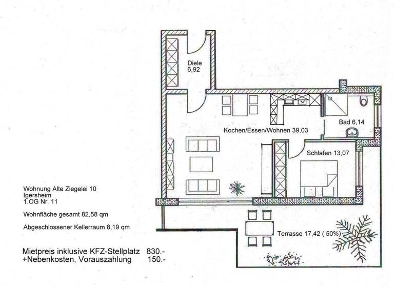 Wohnung zur Miete 830 € 2,5 Zimmer 83 m² 1. Geschoss Alte Ziegelei 10 Igersheim 97999