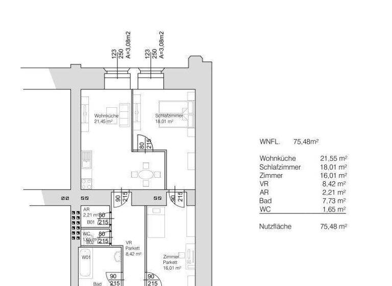 Wohnung zur Miete 979 € 3 Zimmer 75,5 m² EG Arsenal 12 Wien 1030
