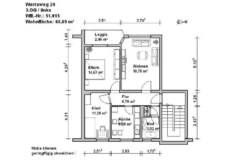 Wohnung zur Miete 649 € 3 Zimmer 66,7 m² frei ab sofort Werraweg 20 Innenstadt Minden 32425