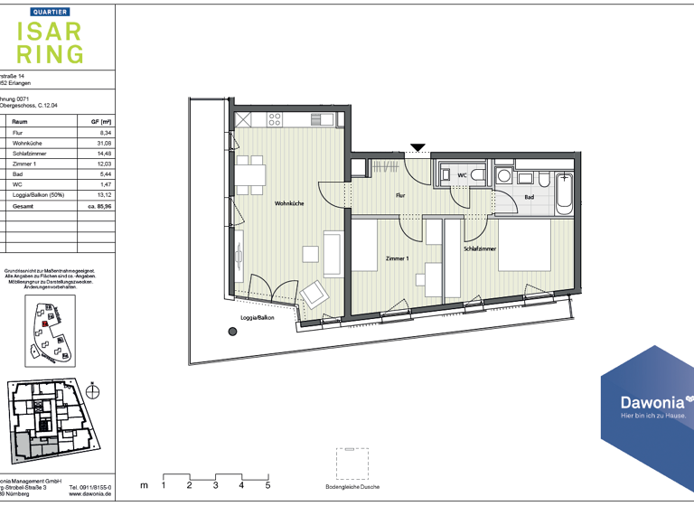 Wohnung zur Miete 1.255 € 3 Zimmer 86 m² 12. Geschoss frei ab 01.04.2026 Isarstr. 14 Anger Erlangen 91052