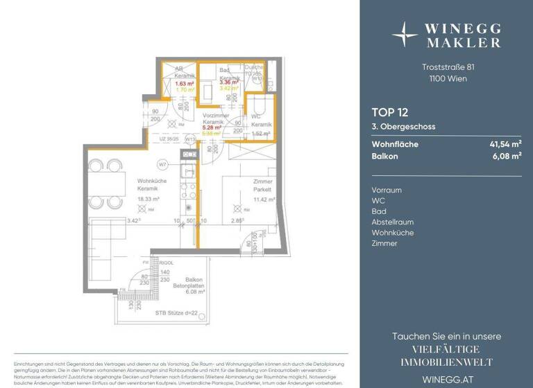 Wohnung zur Miete - Erstbezug 748 € 2 Zimmer 41,5 m² 3. Geschoss Troststraße 81 Wien 1100
