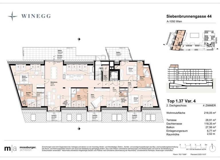 Wohnung zum Kauf - Erstbezug 2.490.000 € 4 Zimmer 218,1 m² 7. Geschoss Siebenbrunnengasse 44 Wien 1050