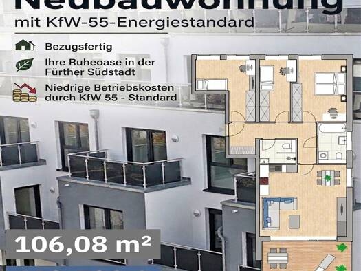 Wohnung zum Kauf - Erstbezug provisionsfrei 613.700 € 4 Zimmer 106,1 m² 1. Geschoss frei ab sofort Flößaustraße 100/102 Südstadt Fürth 90763