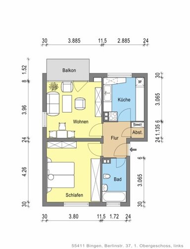 Wohnung zur Miete 466 € 2 Zimmer 51,7 m² 1. Geschoss frei ab 22.03.2025 Berlinstr. 37 Büdesheim Bingen 55411