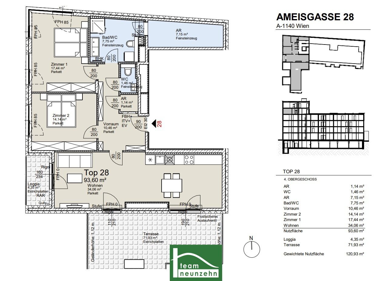 Wohnung zum Kauf provisionsfrei 804.350 € 3 Zimmer 93,6 m²<br/>Wohnfläche 4.<br/>Geschoss Ameisgasse 28 Wien 1140