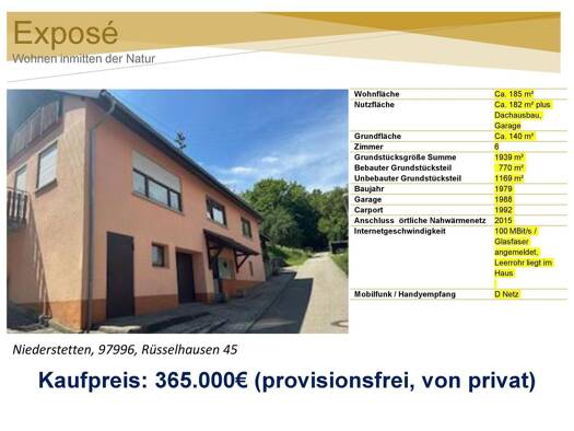 Einfamilienhaus zum Kauf provisionsfrei 365.000 € 6 Zimmer 185 m² 1.939 m² Grundstück Rüsselhausen 45 Rüsselhausen Niederstetten 97996