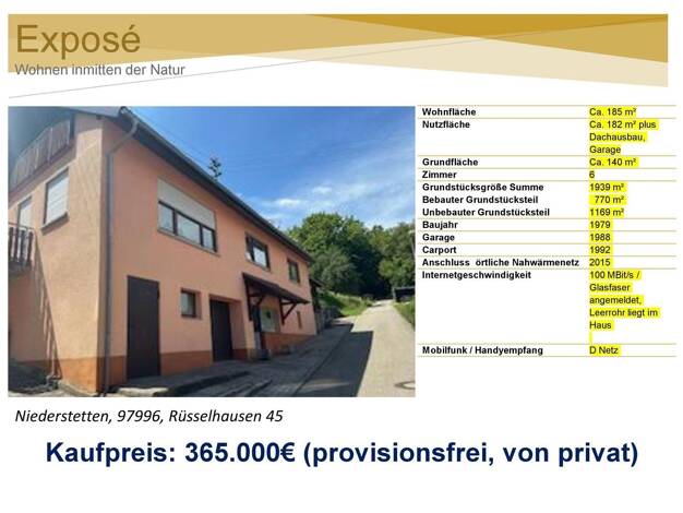 Einfamilienhaus zum Kauf provisionsfrei 365.000 € 6 Zimmer 185 m² 1.939 m² Grundstück Rüsselhausen 45 Rüsselhausen Niederstetten 97996