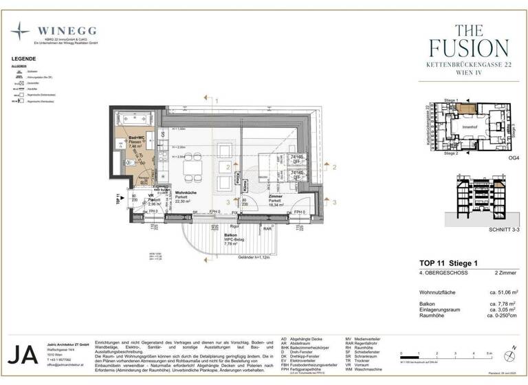 Wohnung zum Kauf - Erstbezug 575.000 € 2 Zimmer 51,1 m² 7. Geschoss Kettenbrückengasse 22 Wien 1040