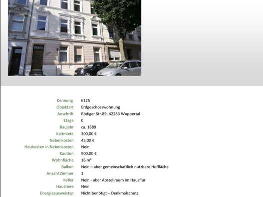 Wohnung zur Miete 300 € 1 Zimmer 16 m² frei ab sofort Barmen Wuppertal 42283
