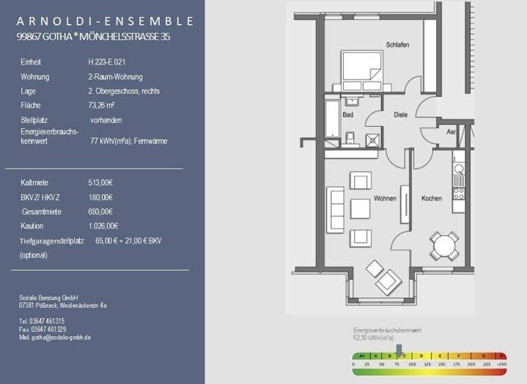 Wohnung zur Miete 513 € 2 Zimmer 73,3 m² 2. Geschoss Mönchelsstraße 35 Gotha 99867