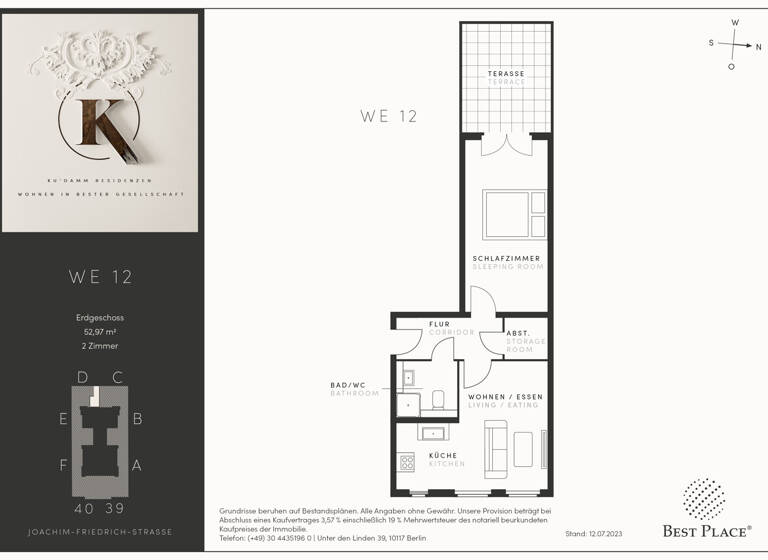 Wohnung zum Kauf 459.000 € 2 Zimmer 53 m²<br/>Wohnfläche EG<br/>Geschoss ab sofort<br/>Verfügbarkeit Joachim-Friedrich-Straße 39-40 Halensee Berlin 10711