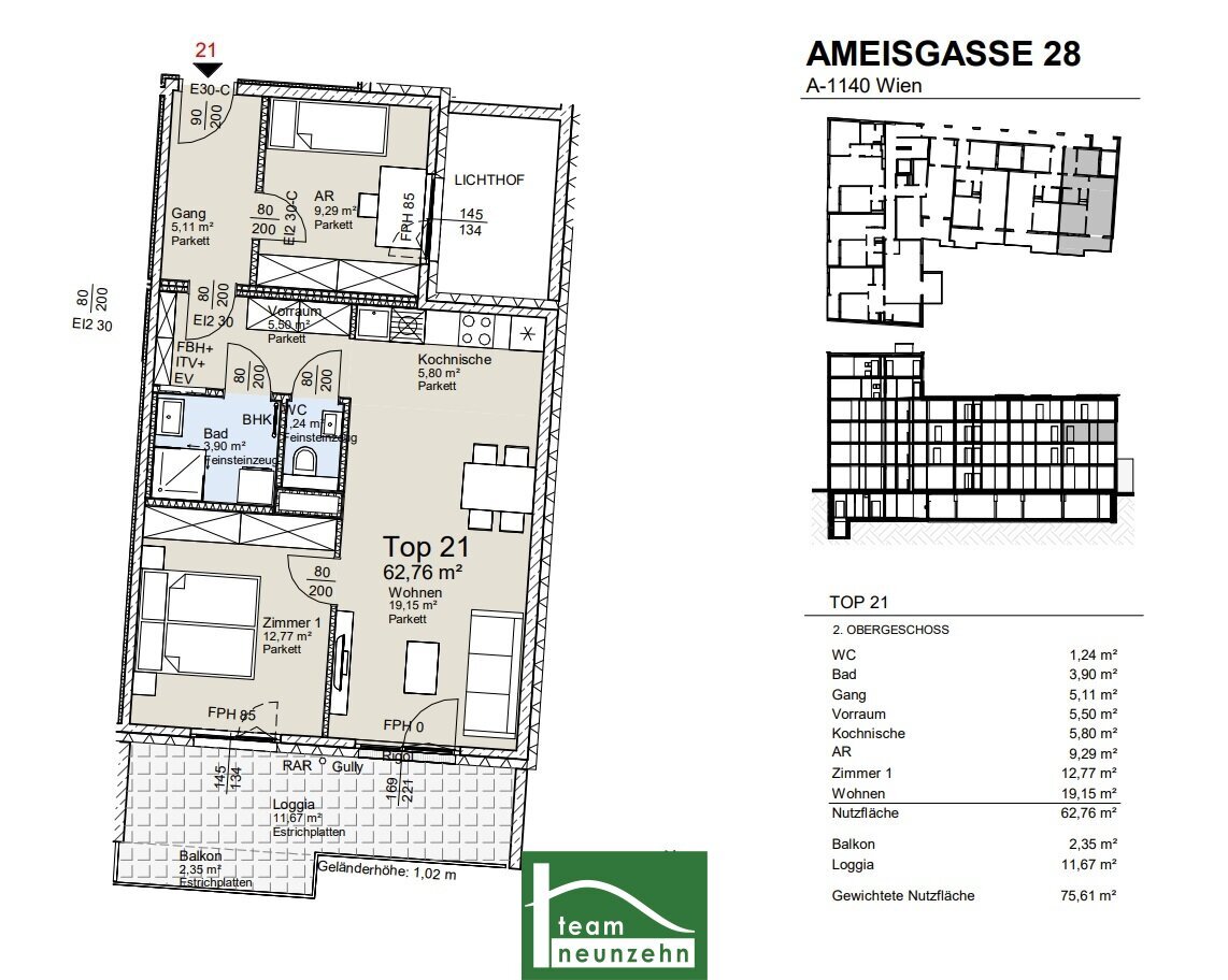 Wohnung zum Kauf provisionsfrei 492.401 € 3 Zimmer 62,3 m²<br/>Wohnfläche 2.<br/>Geschoss Ameisgasse 28 Wien 1140