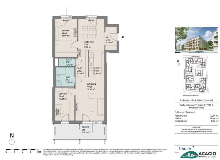 Wohnung zur Miete - Erstbezug 779 € 3 Zimmer 78 m² 1. Geschoss Pixendorf 3451