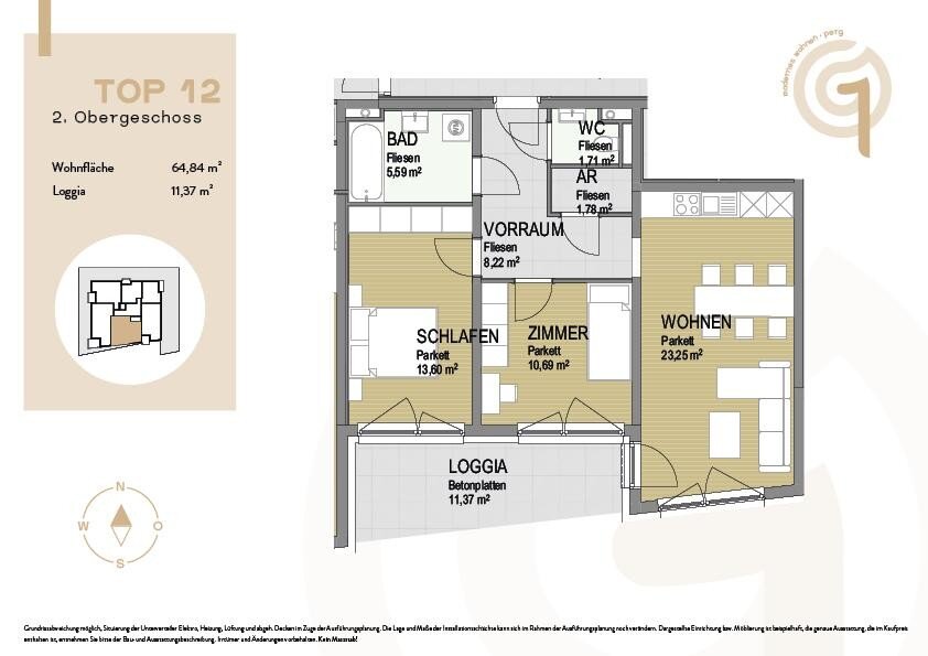 Wohnung zum Kauf 314.000 € 3 Zimmer 64,8 m²<br/>Wohnfläche 2.<br/>Geschoss Gartenstraße 1 Perg 4320