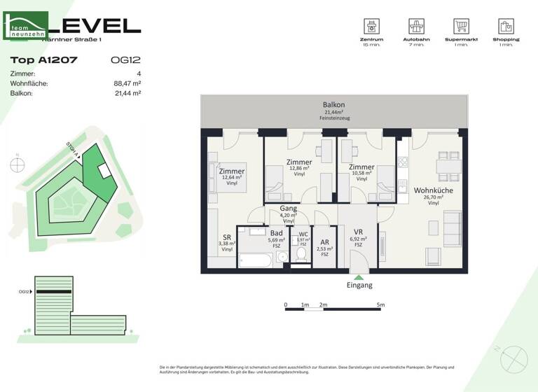 Wohnung zur Miete - Erstbezug 1.138 € 4 Zimmer 88,5 m² 12. Geschoss frei ab 01.05.2026 Kärntner Straße 1 Gries Graz 8020