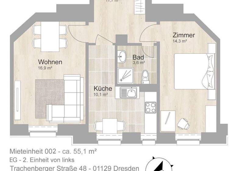 Wohnung zur Miete 475 € 2 Zimmer 55 m² EG Trachenberger Str. 48 Pieschen-Nord/Trachenberge Dresden 01129