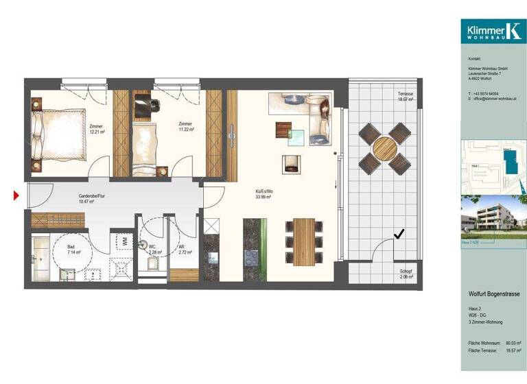 Wohnung zur Miete 1.400 € 3 Zimmer 80 m² 3. Geschoss Bogenstraße 10 Wolfurt 6922
