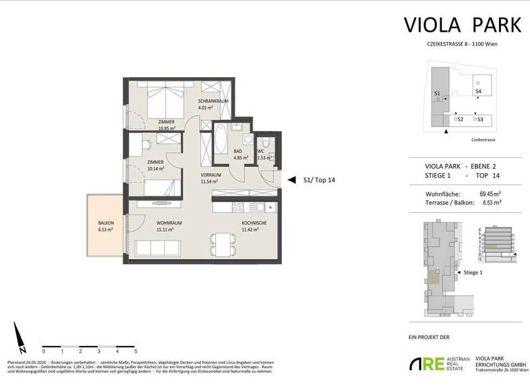Wohnung zur Miete 909 € 3 Zimmer 69,5 m² 2. Geschoss Czeikestraße 8 Wien, Favoriten 1100