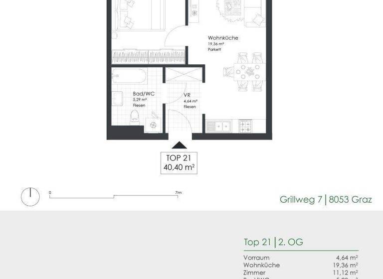 Wohnung zur Miete 461 € 2 Zimmer 40,4 m² 2. Geschoss frei ab 01.07.2026 Grillweg 7 Straßgang Graz 8053