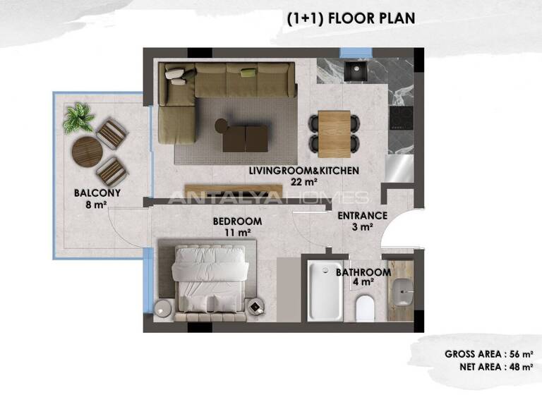 Studio zum Kauf 195.000 € 2 Zimmer 56 m² EG Antalya 07400