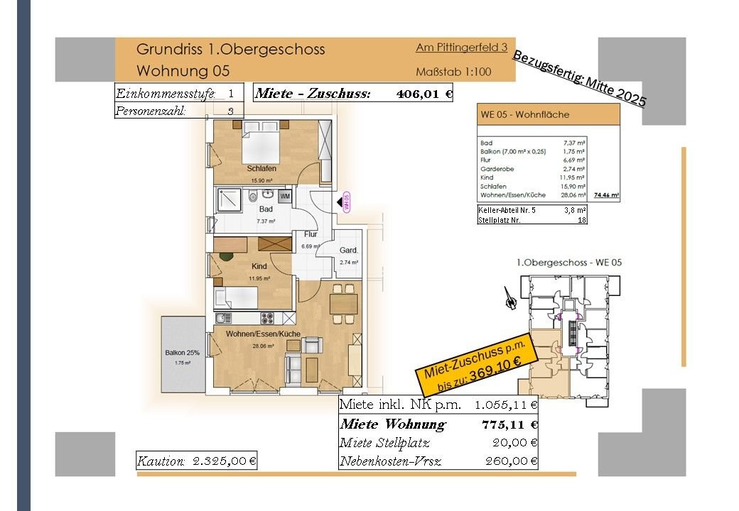 Wohnung zur Miete 406,01 € 3 Zimmer 74,5 m²<br/>Wohnfläche 1.<br/>Geschoss Am Pittingerfeld 3 Wörth Wörth an der Donau 93086