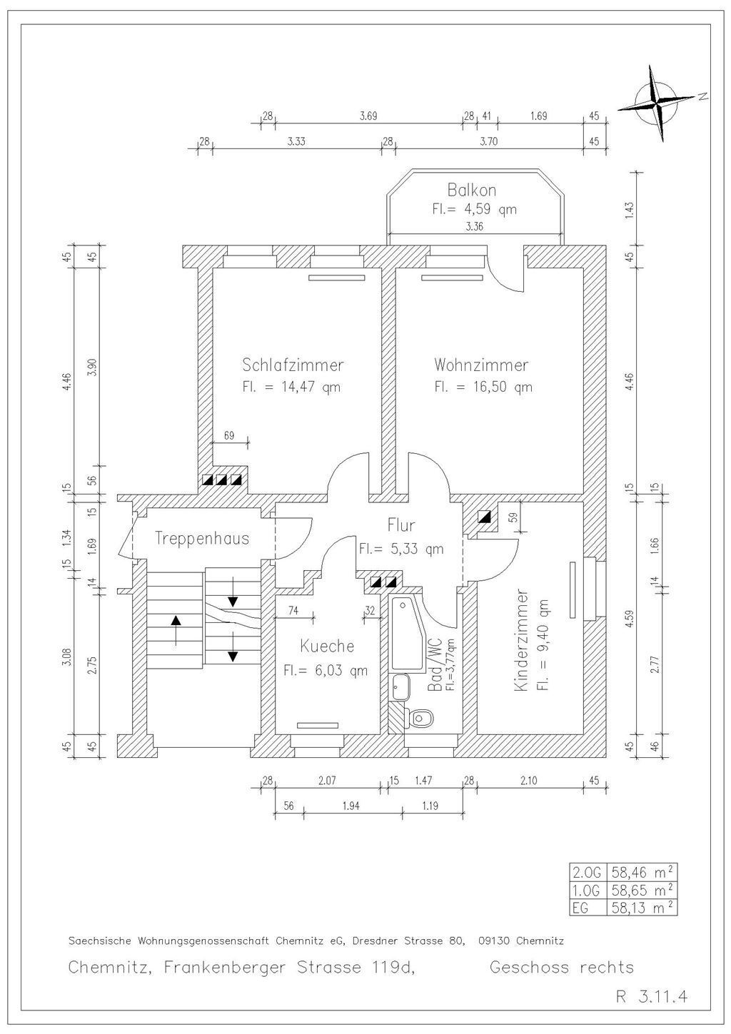 Wohnung zur Miete 337 € 3 Zimmer 58,1 m²<br/>Wohnfläche 1.<br/>Geschoss Frankenberger Straße 119d Hilbersdorf 150 Chemnitz 09131