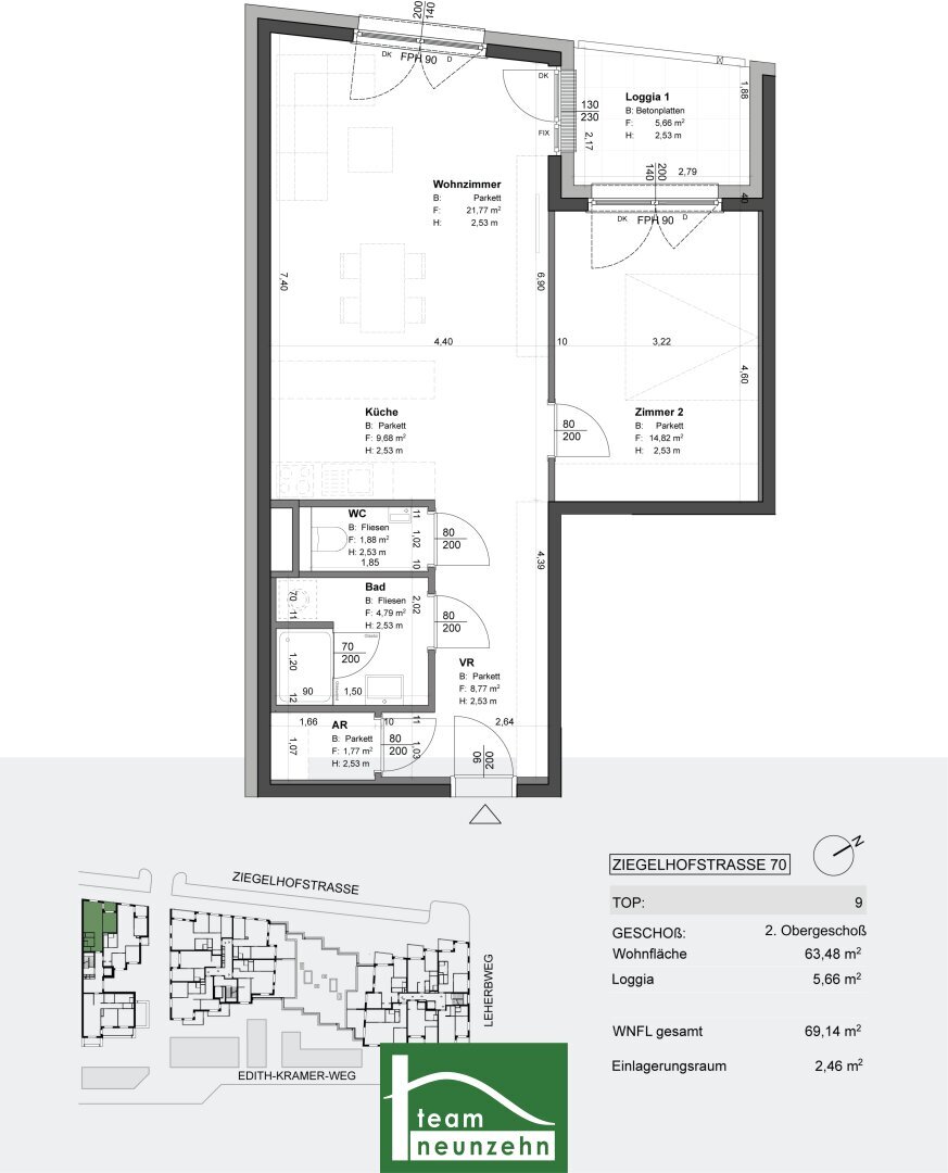 Wohnung zum Kauf provisionsfrei 349.850 € 2 Zimmer 63,2 m²<br/>Wohnfläche 2.<br/>Geschoss Ziegelhofstraße 70 Wien 1220