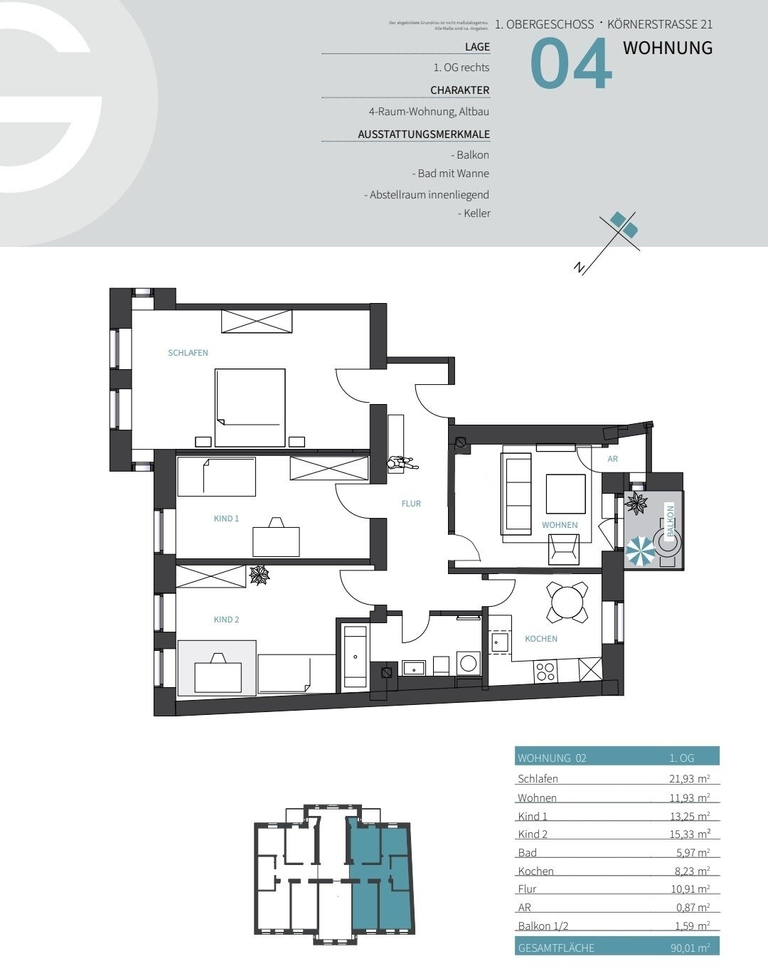 Wohnung zur Miete 720 € 4 Zimmer 90 m²<br/>Wohnfläche 1.<br/>Geschoss ab sofort<br/>Verfügbarkeit Körnerstr. 21 Sonnenberg 215 Chemnitz 09130