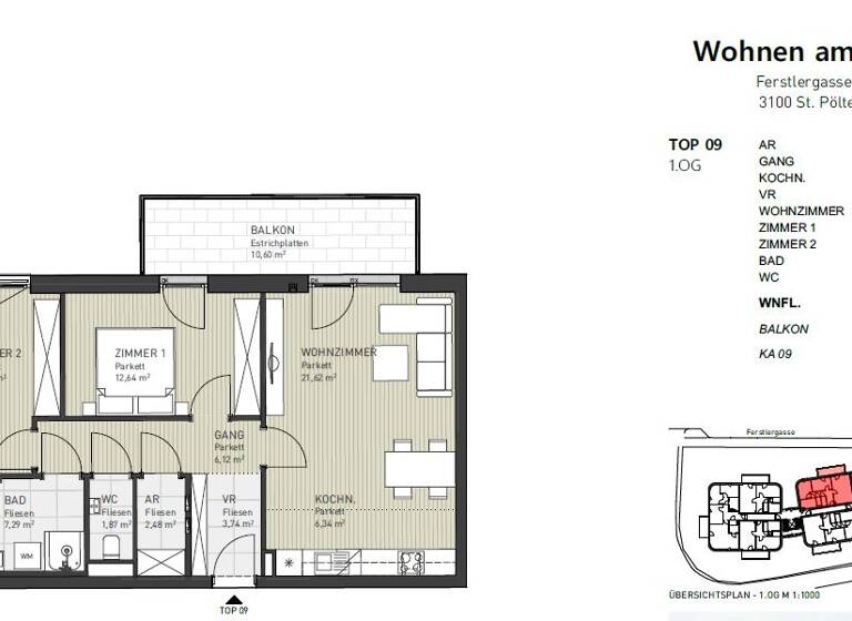 Wohnung zum Kauf 381.000 € 2 Zimmer 74 m² 1. Geschoss frei ab sofort Ferstlergasse 6 St. Pölten 3100