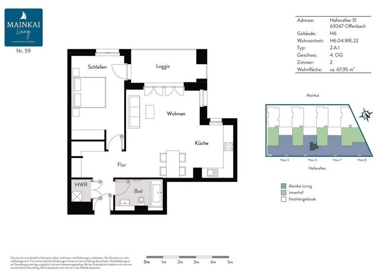 Wohnung zur Miete 1.190 € 2 Zimmer 68,1 m² 4. Geschoss frei ab sofort Hafenallee 31 Kaiserlei Offenbach am Main 63067